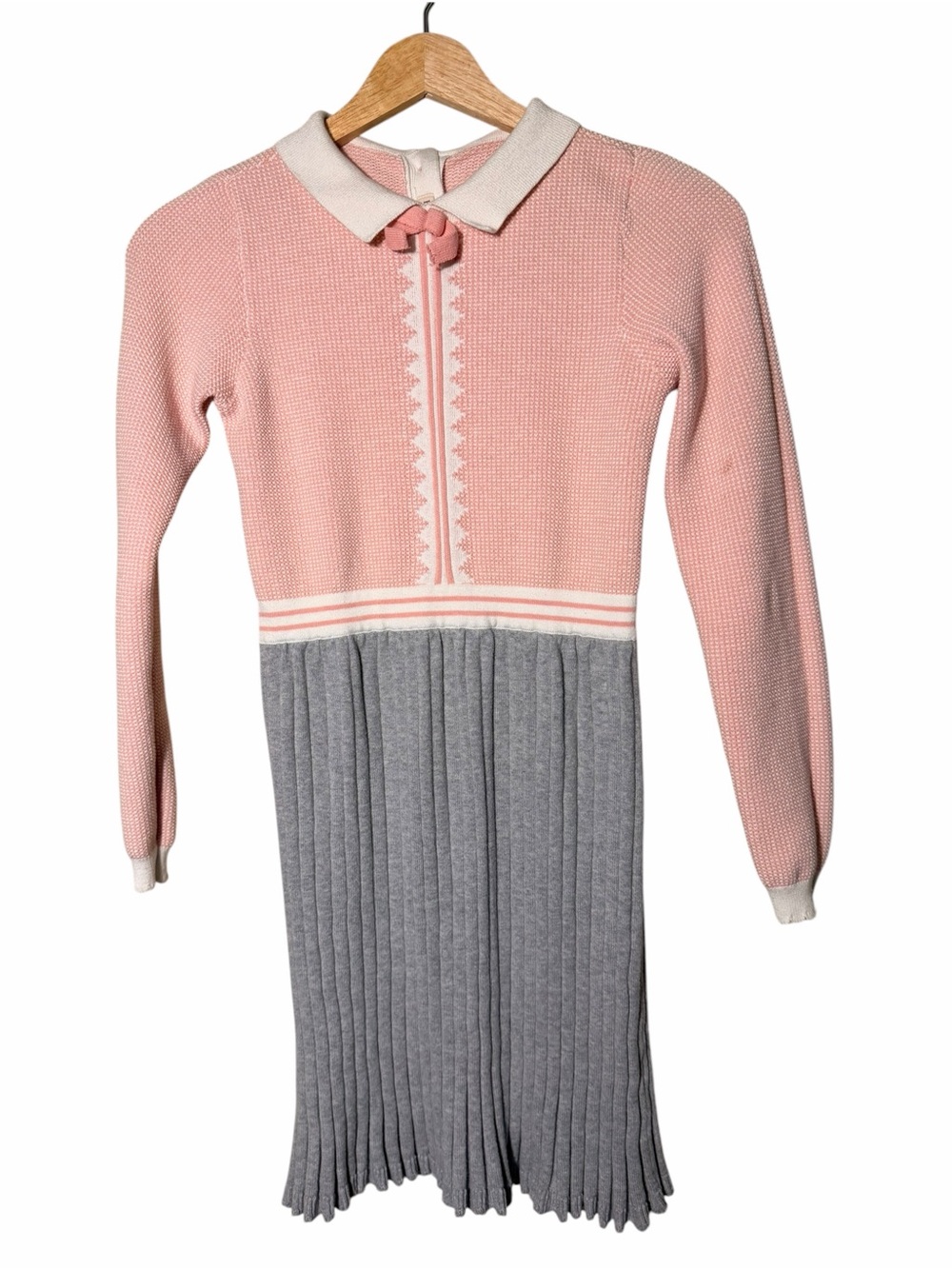 Girls Pink & Gray Pleated Knit Dress with Contrast Collar